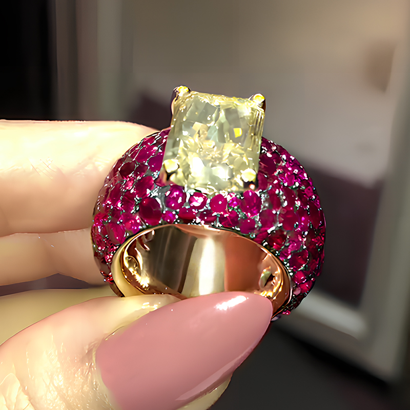 Pave Setting 6ct Radiant Cut Yellow Sapphire Cocktail Ring