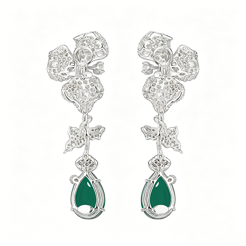 Pear Cut Emerald Sapphire & Opal Orchid Detachable Drop Earrings