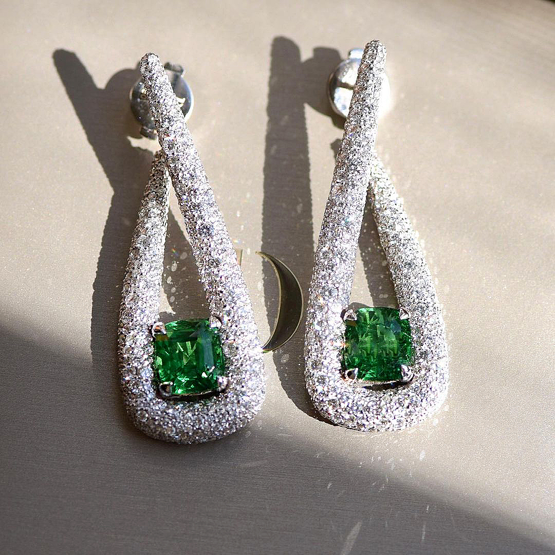 Cushion Cut Emerald Sapphire Drop Earrings
