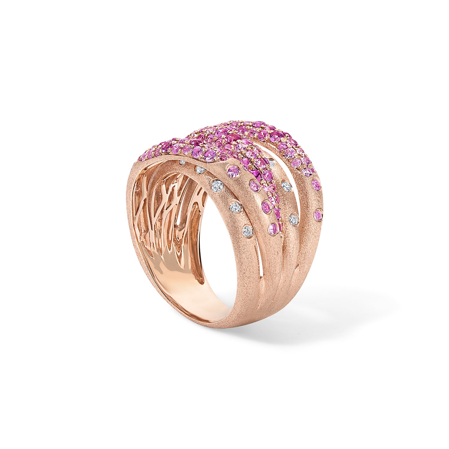 1.58ct Scattered Diamond&Pink Sapphire Multi Row Crossover Ring