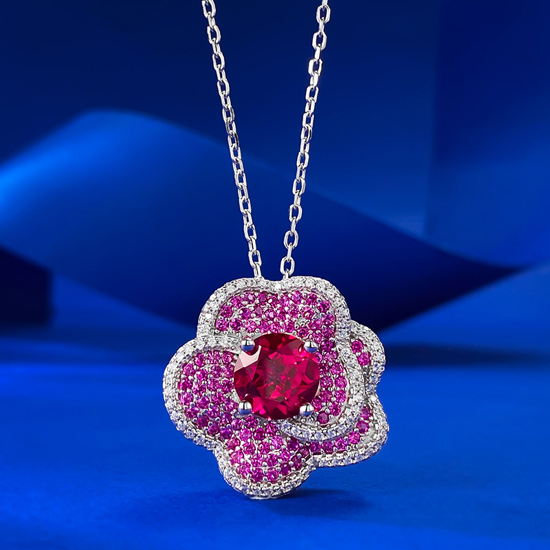 Fashion Rose Design Round Cut Garnet Sapphire Necklace