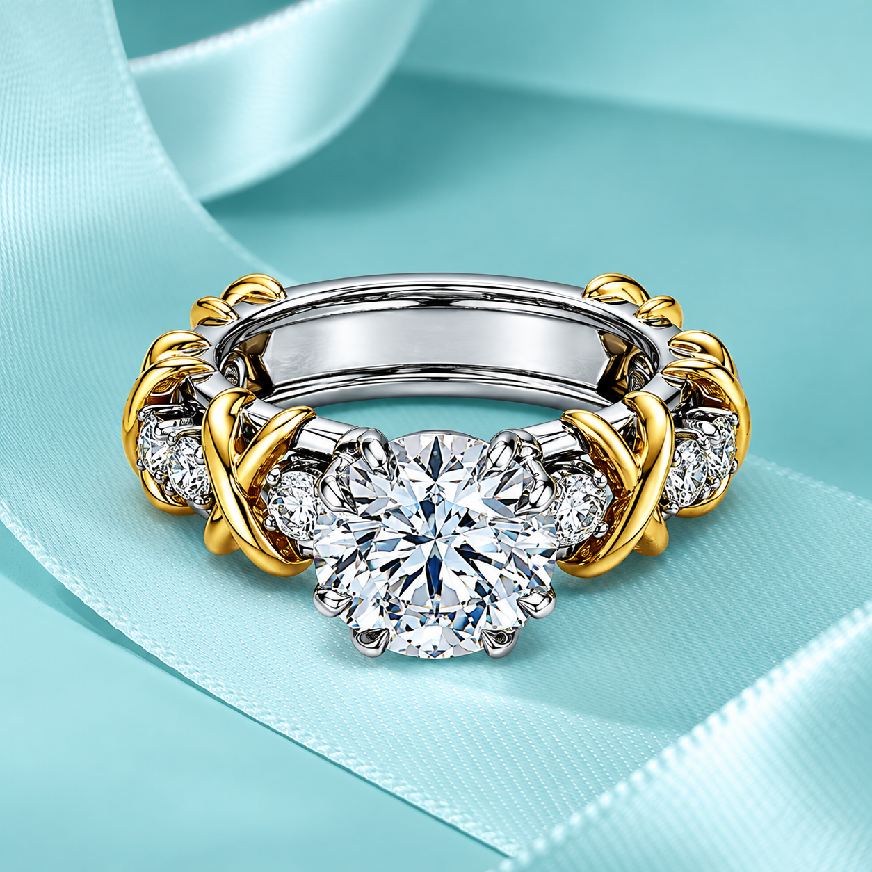 Two Tone Round Cut Criss Cross X Design Engagement Ring