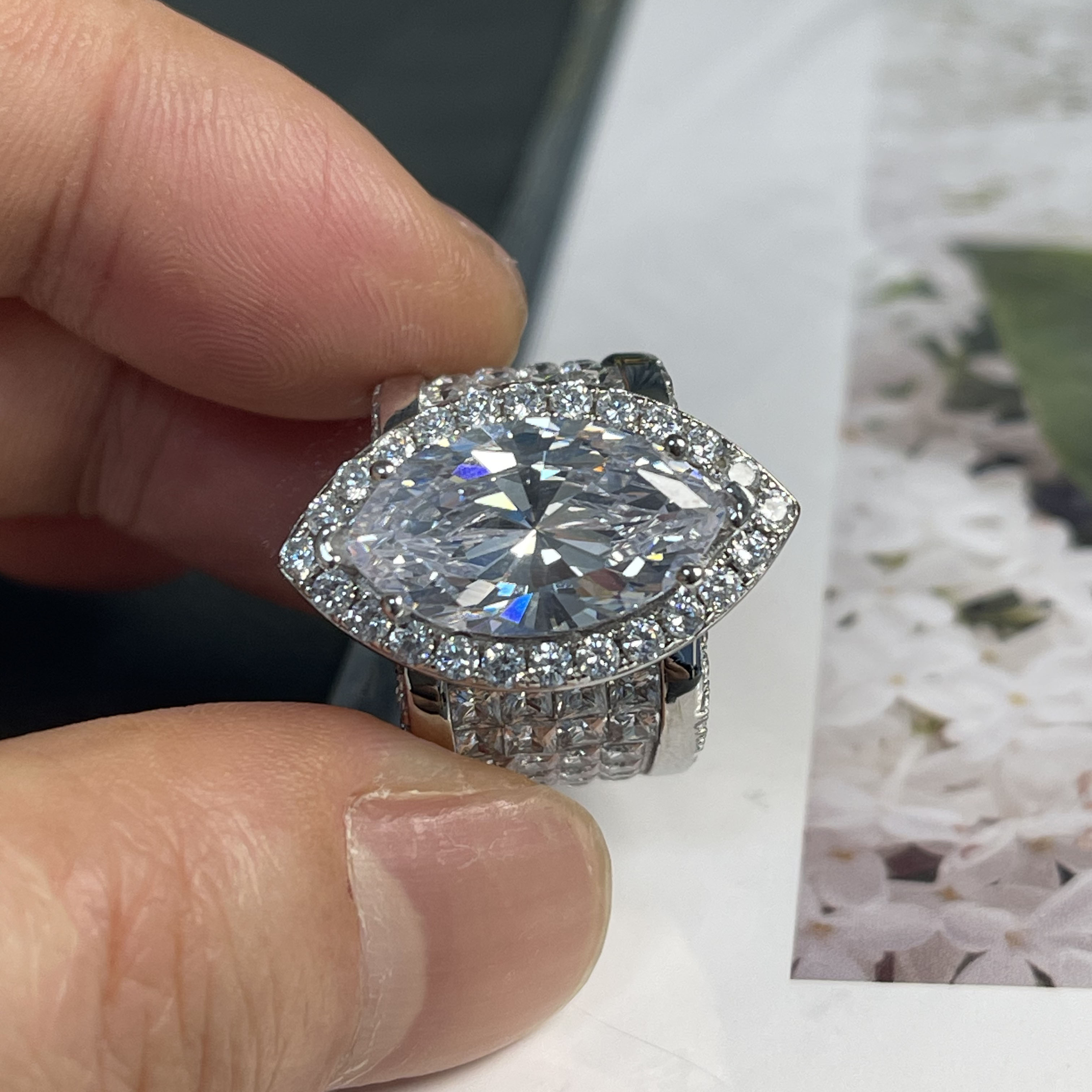 5ct Halo Marquise Cut White Diamond Wide Band