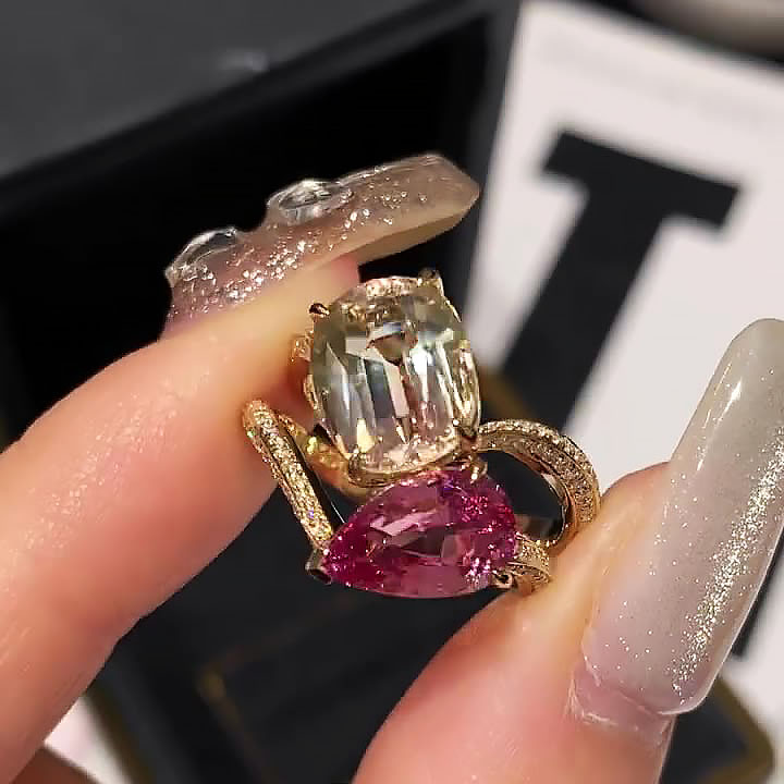 7ct Pear&Cushion Cut Pink&Yellow Sapphire Engagement Ring/2pcs
