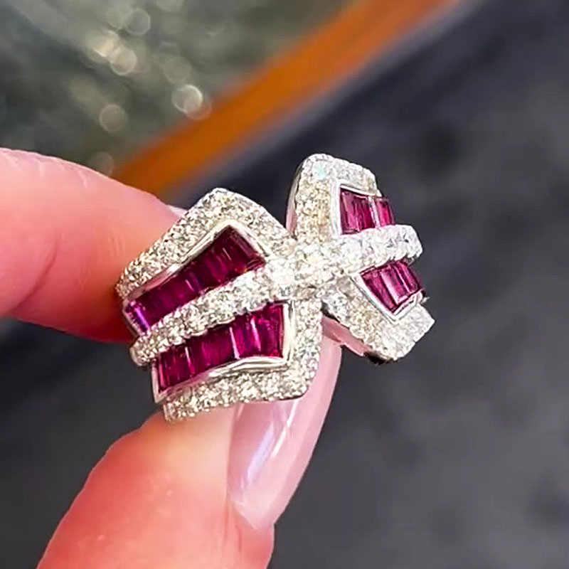 3.25ct Two Tone Baguette&Round Cut Ruby&Diamond Wedding Band