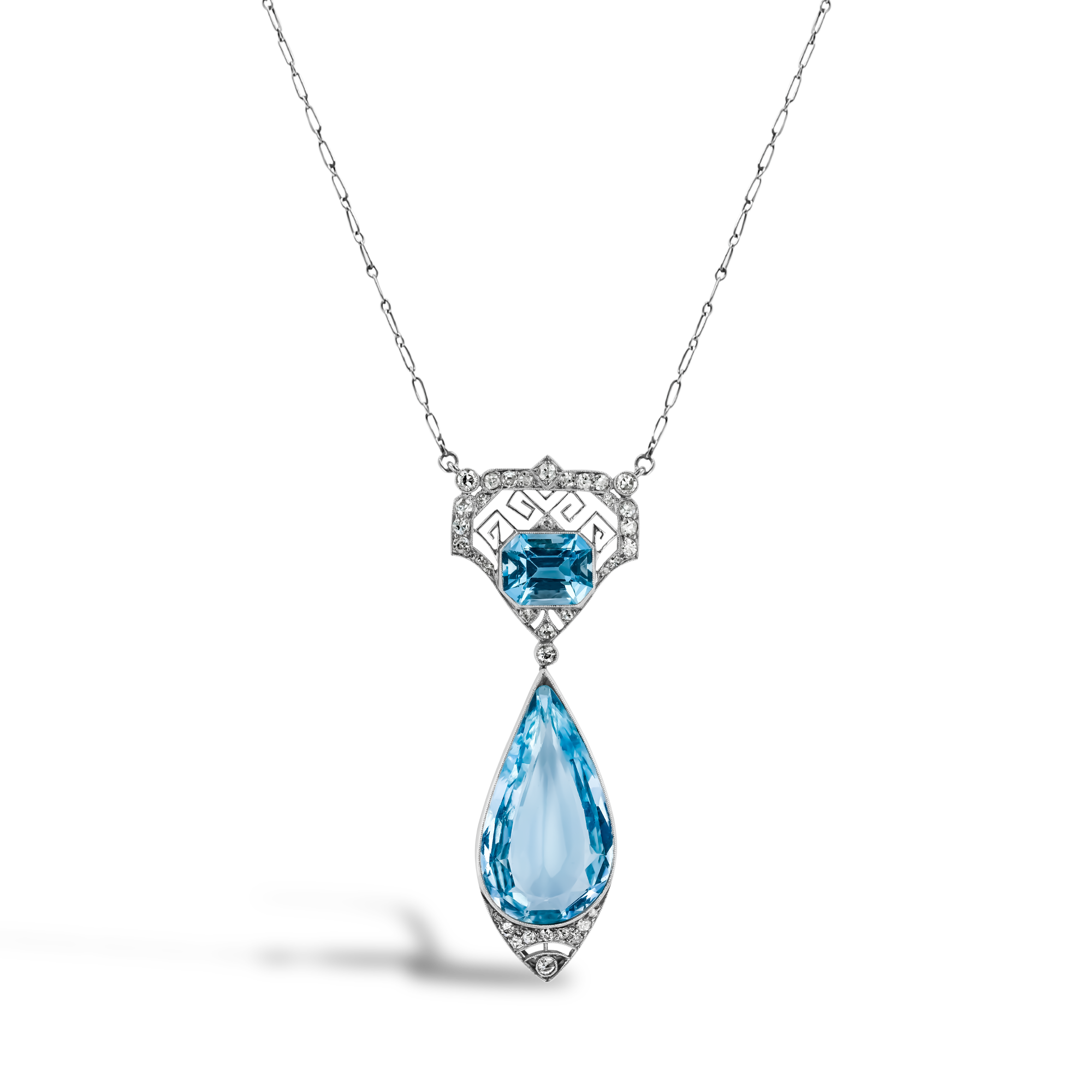 Art Deco Pear Cut Aquamarine Sapphire Pendant Necklace