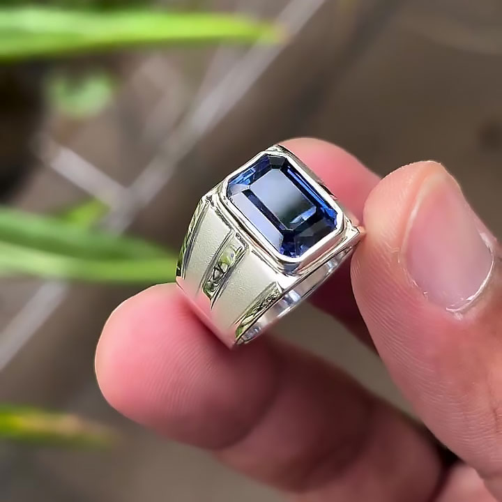 5ct Bezel Setting Emerald Cut Blue Sapphire Men's Engagement Ring