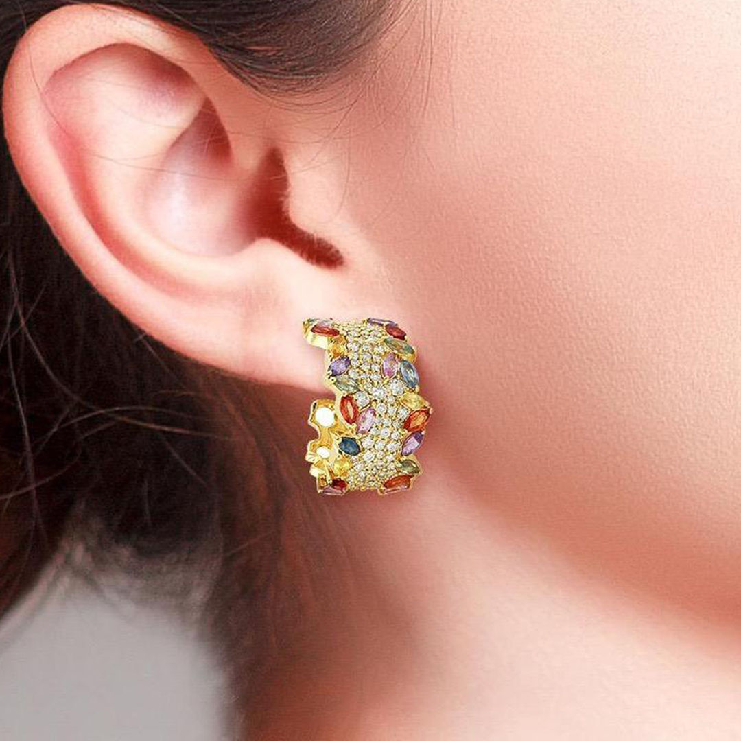 Multi-cut Rainbow Sapphire Diamond Hoop Earrings