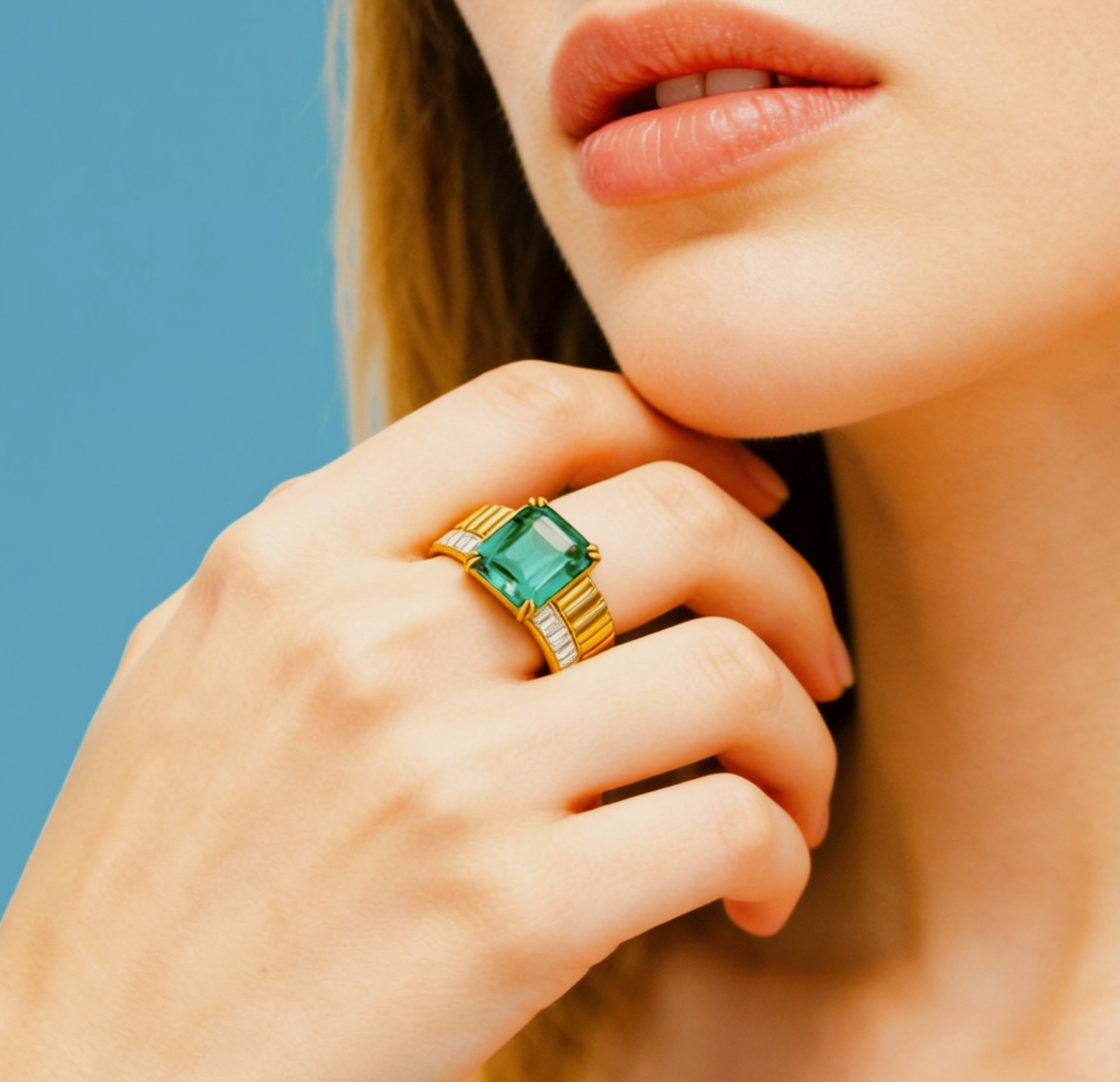 Original Design - 3ct Emerald Cut Emerald and Aquamarine Sapphire Engagement Ring