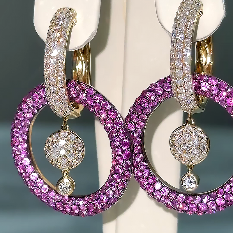 Micro Pave Setting Pink&White Sapphire Hoop Earrings