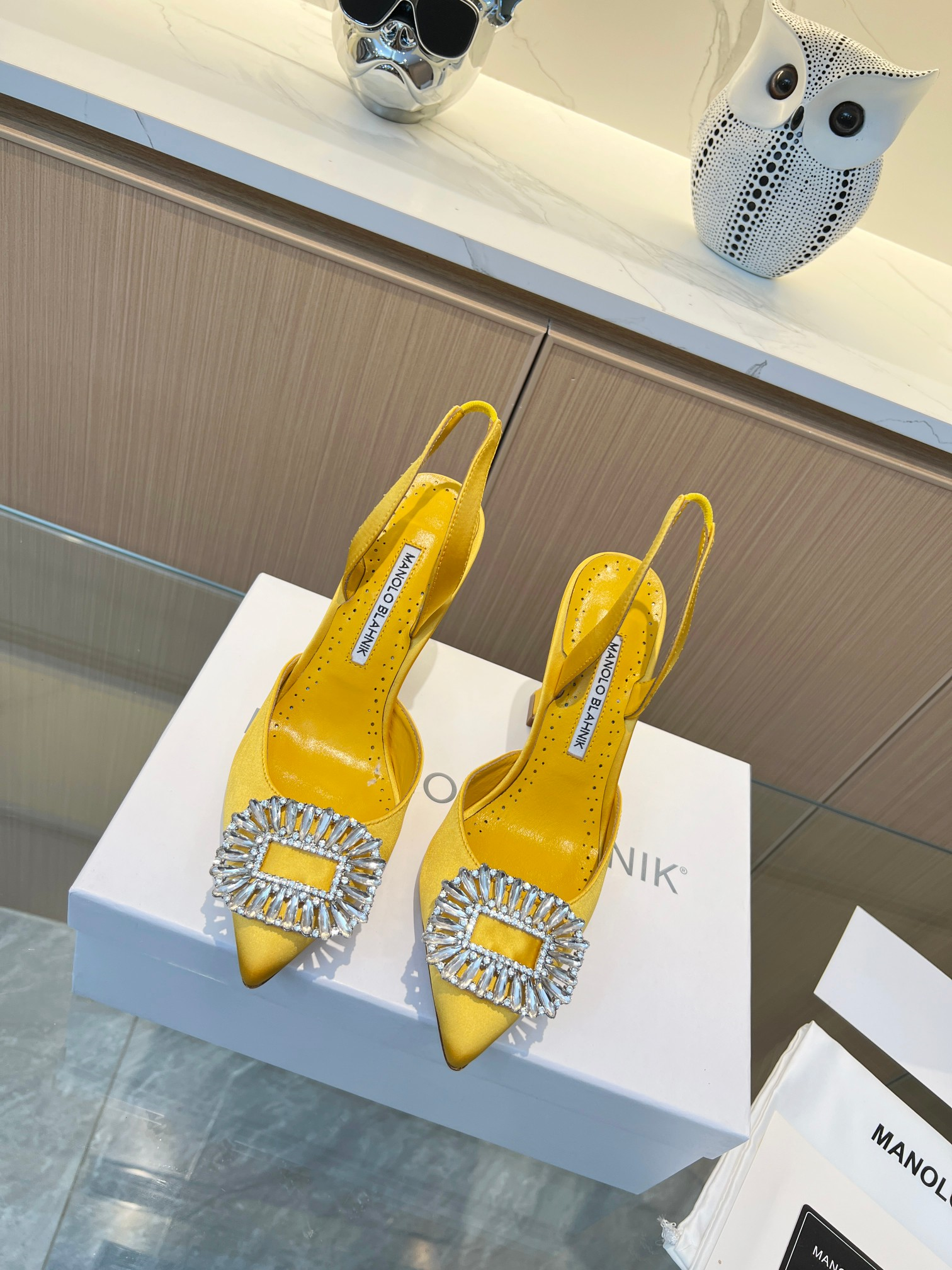 Manolo Blahnik Four Seasons Classic Swarovski crystal silk satin mules pumps