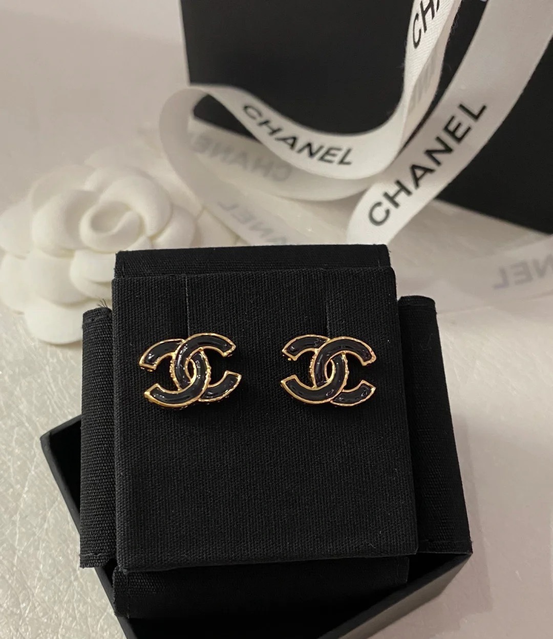 CC Camellia Double C Black Gold Earrings