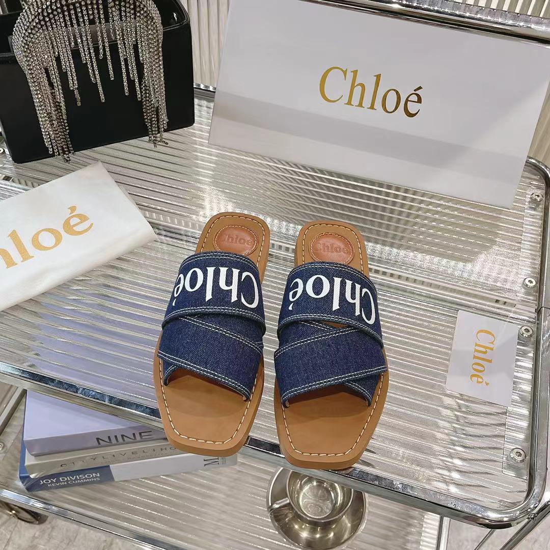 Chloe Classic Fashion Casual Slippers Women Denim Material Leather Outsole