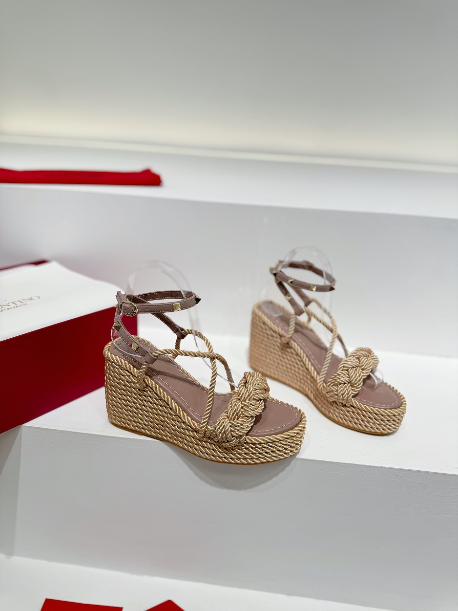 Valentino New Studded Hemp Rope Woven Slope Heel Sandals