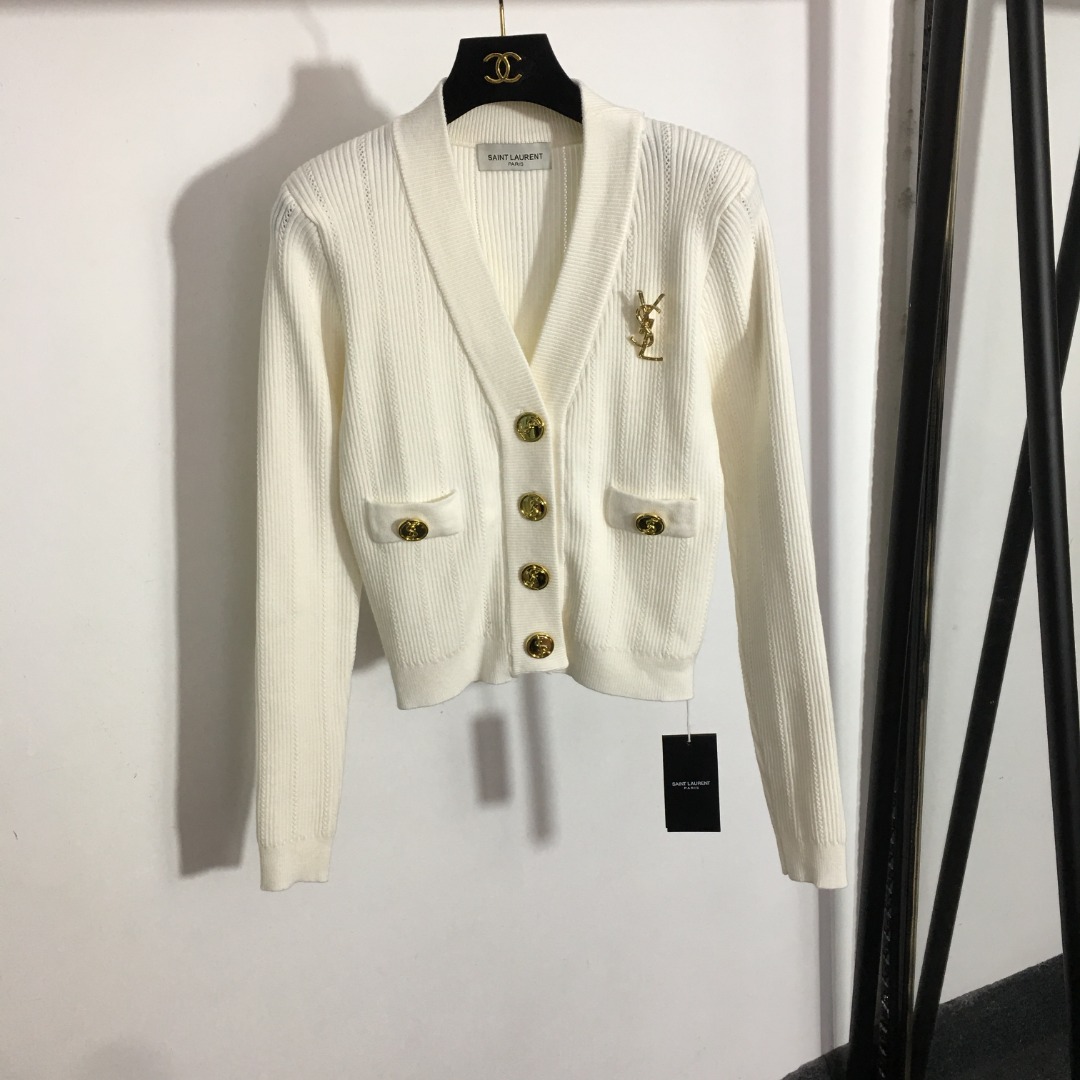 Y design new letter brooch decoration V-neck knitted cardigan