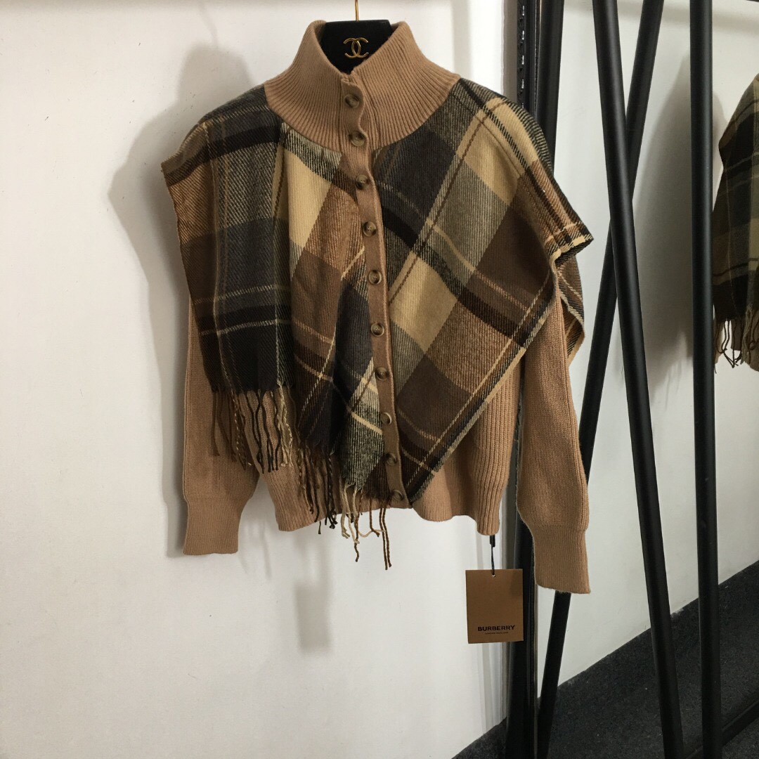 B new design plaid tassel fake two-piece knitted cardigan