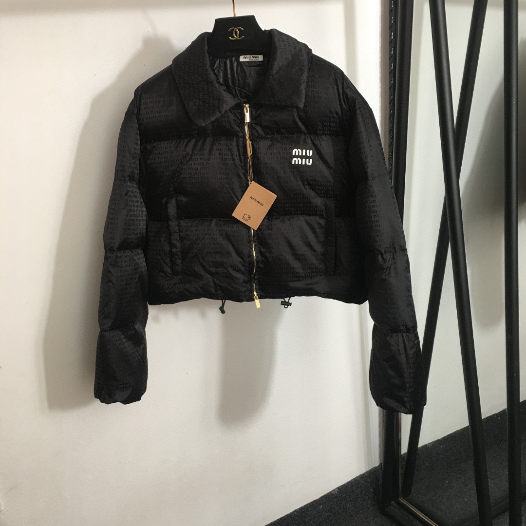 M design all over logo jacquard zip up down jacket
