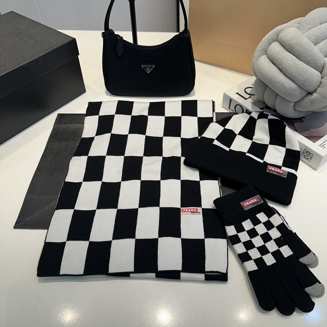 Prada knitted beanie 3 piece set hat gloves scarf 