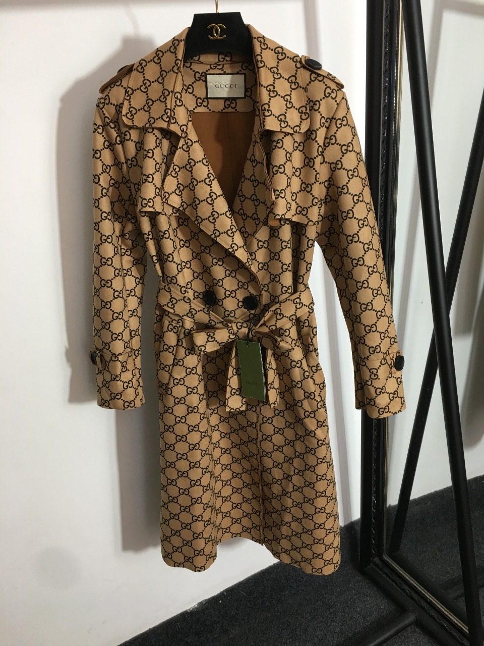 G new double G logo print waisted suede trench coat