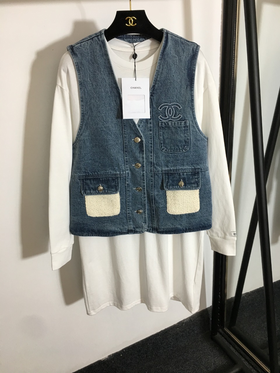 C design New Two-piece Suit (Chanel Style Vest Denim Jacket + Long Sleeve Dress)