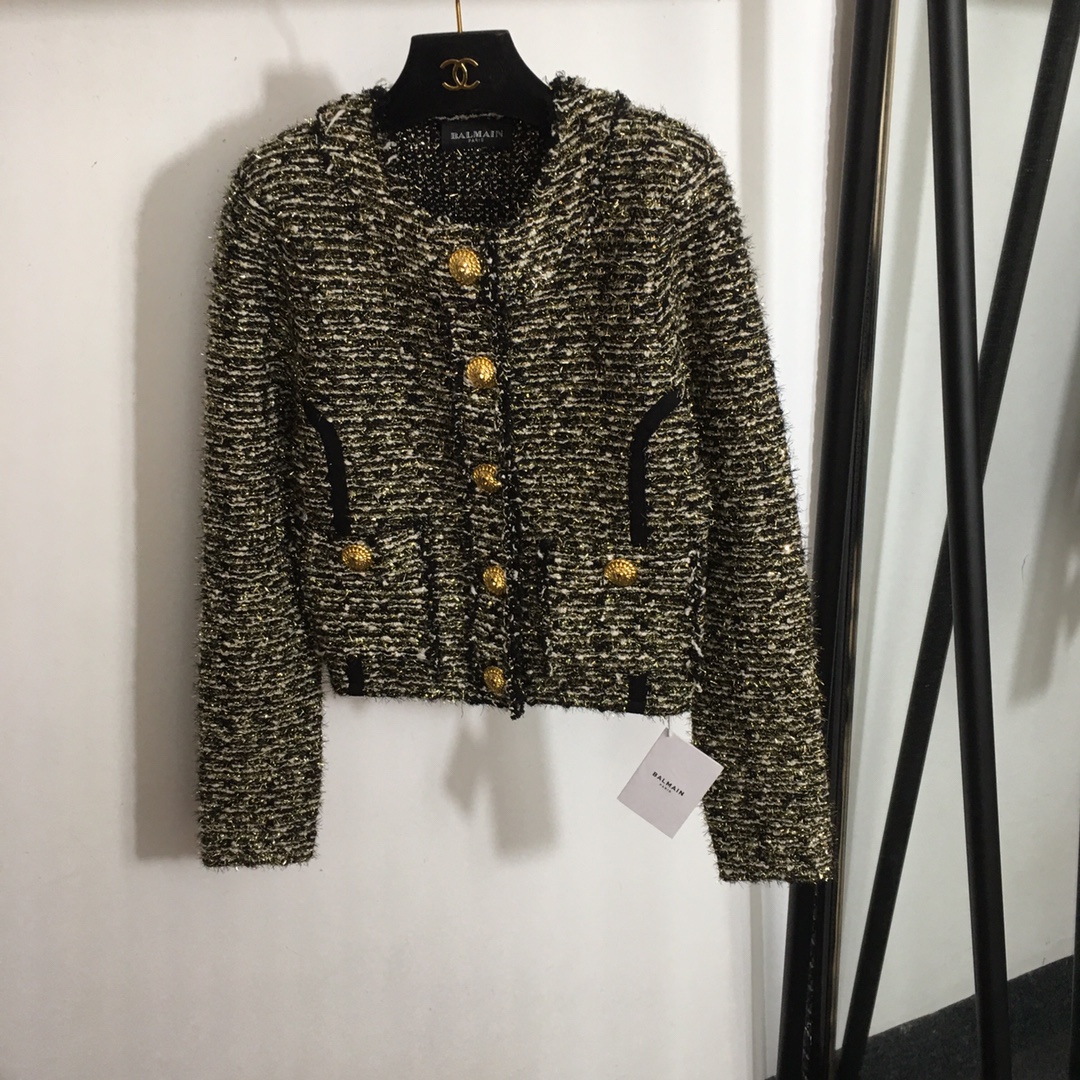 Balmain new lion head button shiny silk blend tweed long sleeve jacket