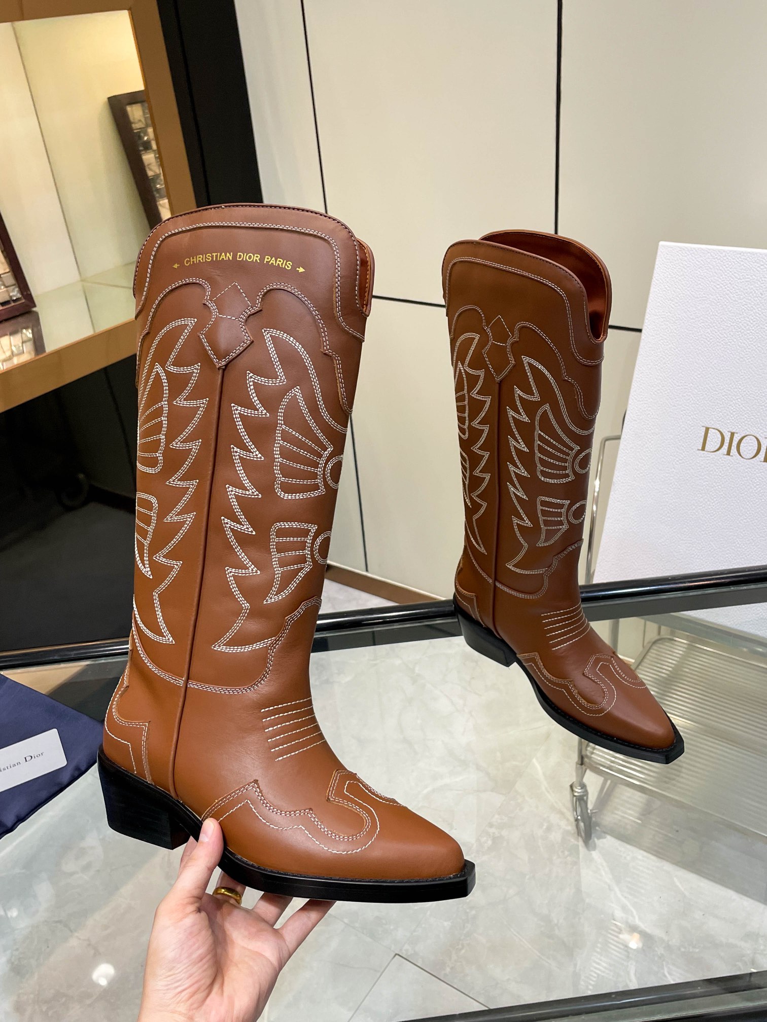 dior embroidered women shoes thick heel boots
