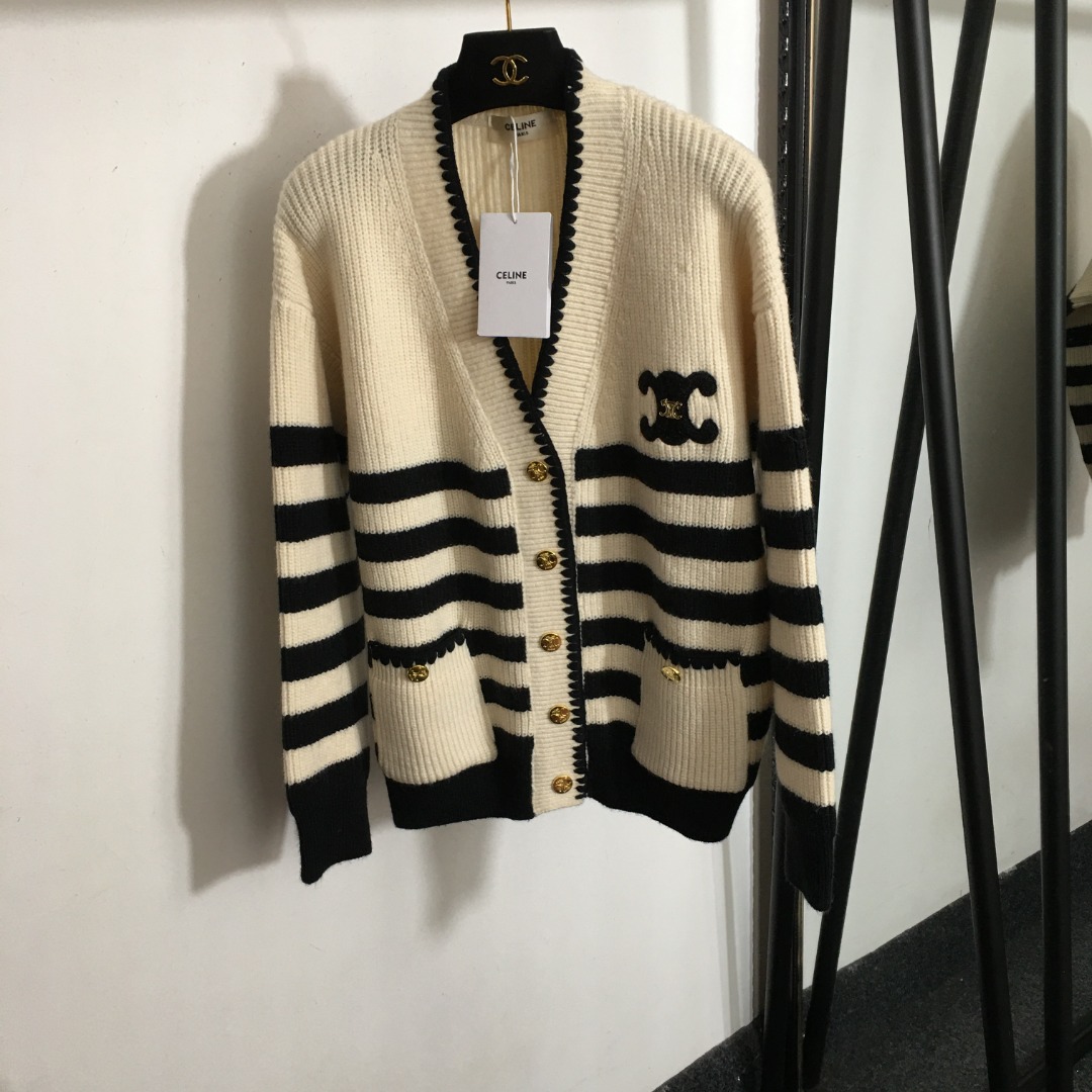 C design new Arc de Triomphe logo embroidery V-neck striped knitted cardigan