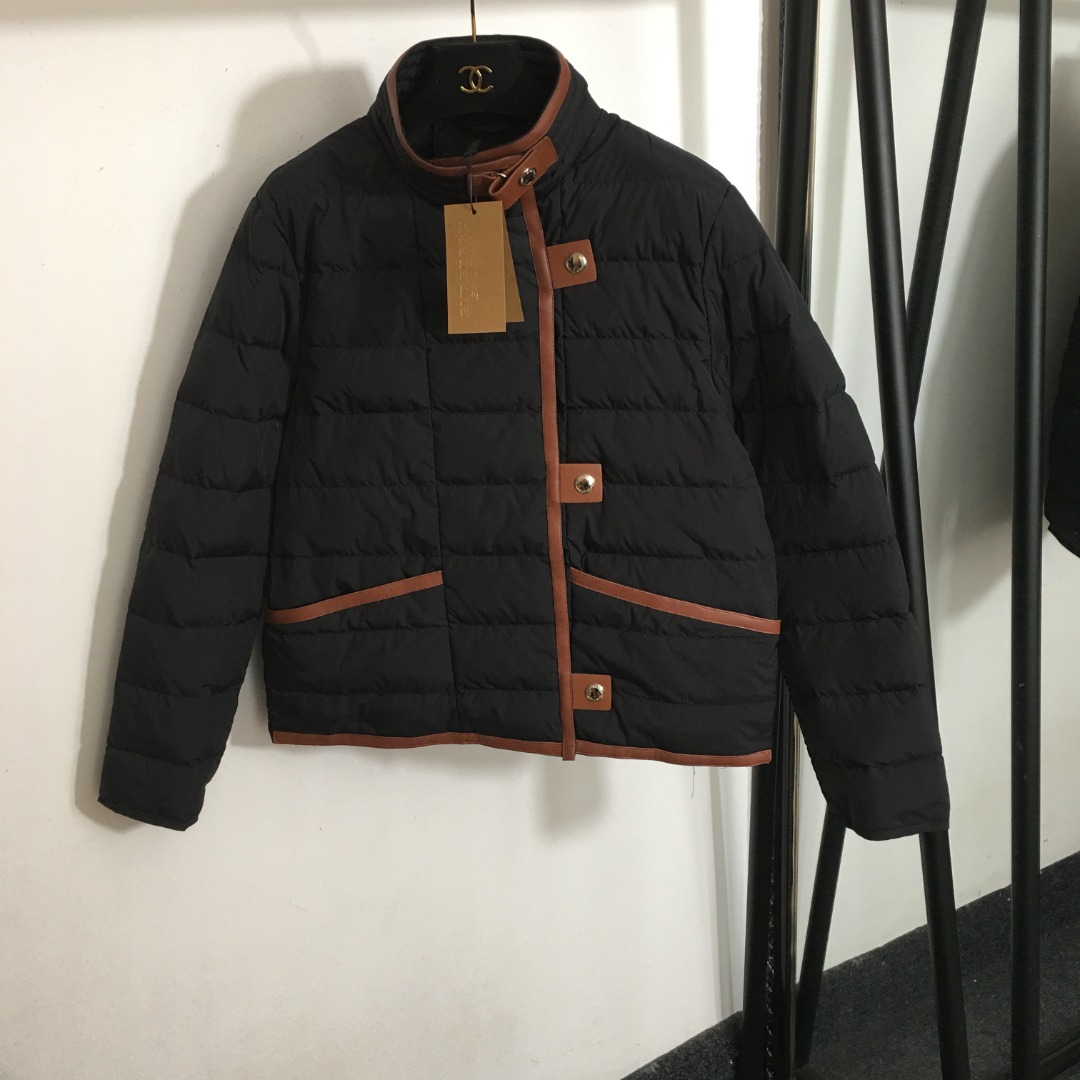 B design new style leather edging ogo metal button stand collar down jacket