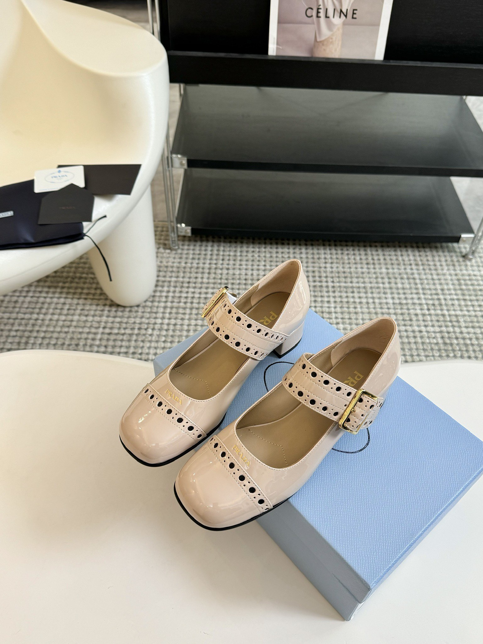 Prada hollow carved square toe block heel shoes