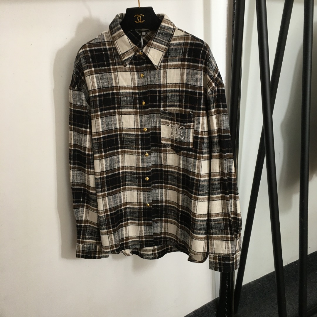 C new ogo gold button age-reducing all-match contrast color plaid pure cotton shirt