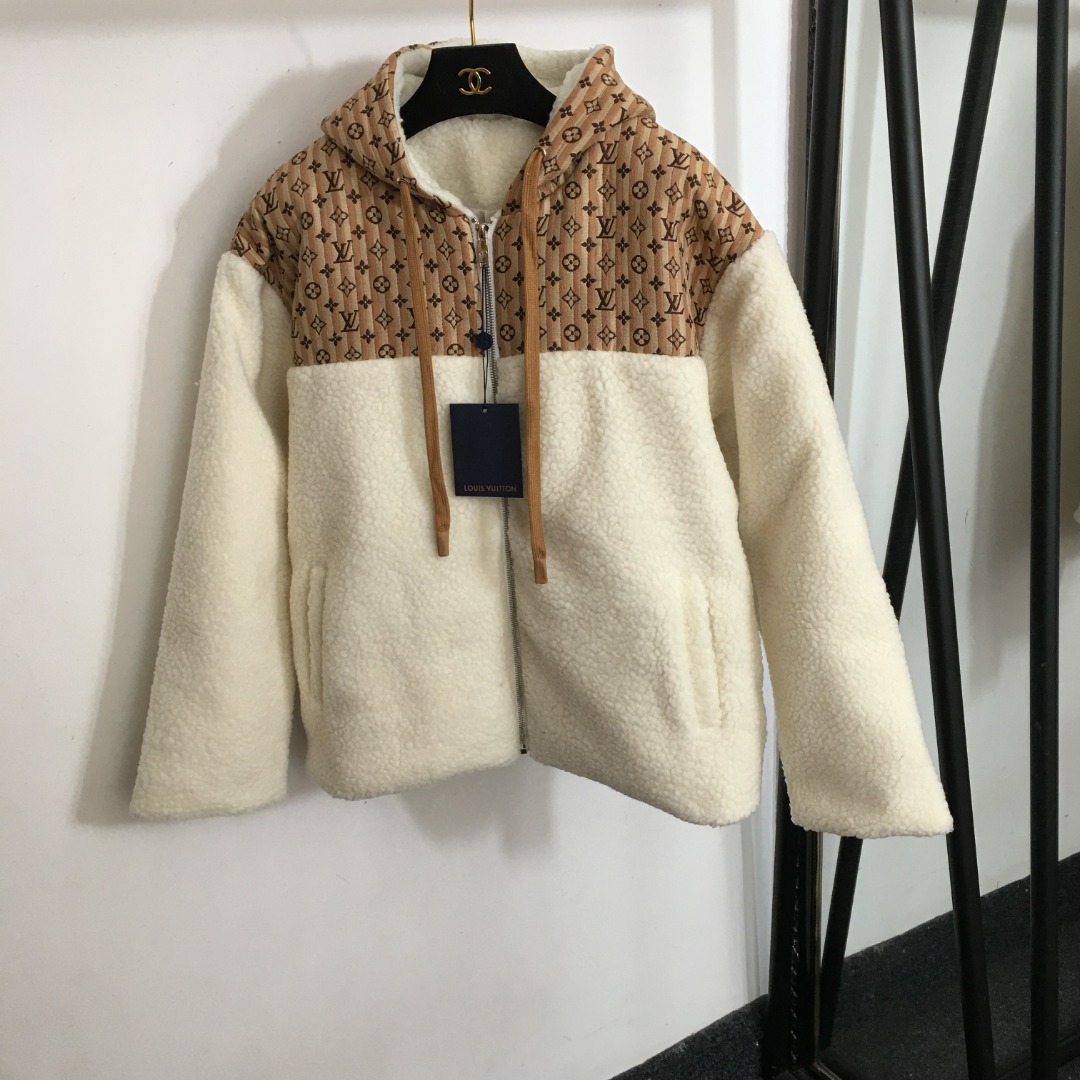 L new monogram logo jacquard hooded lamb wool jacket