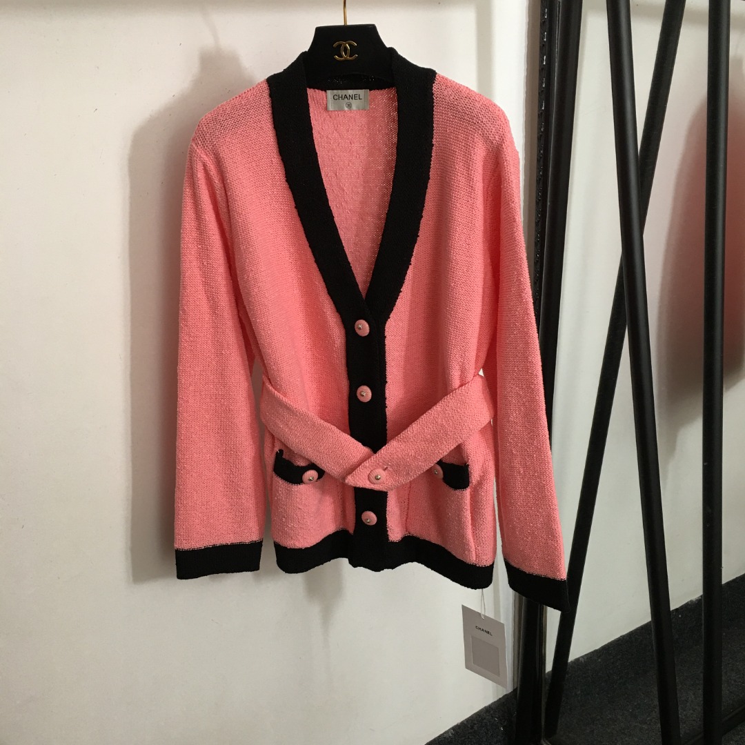 C new contrast color V-neck waist long sleeve knitted cardigan