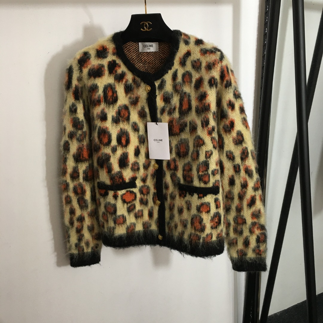 C new high quality leopard print round neck knitted cardigan