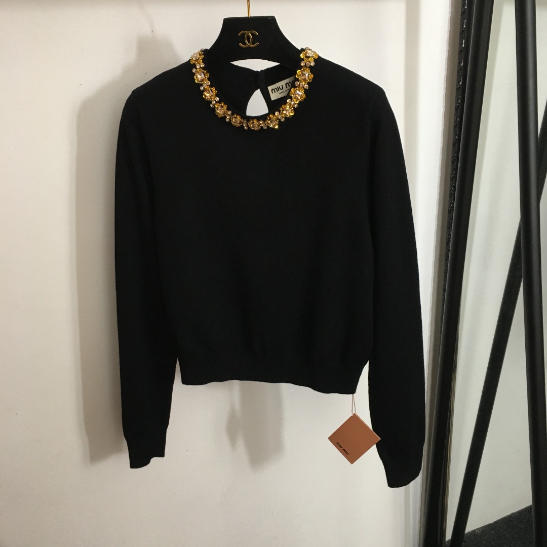 Miu new sequined beaded round neck wool sweater