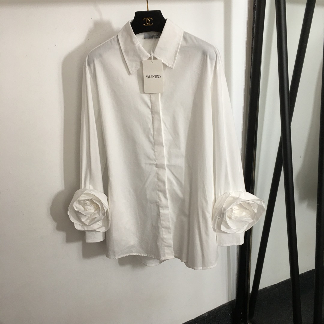 V design new three-dimensional flower decoration cuffs long sleeve shirt