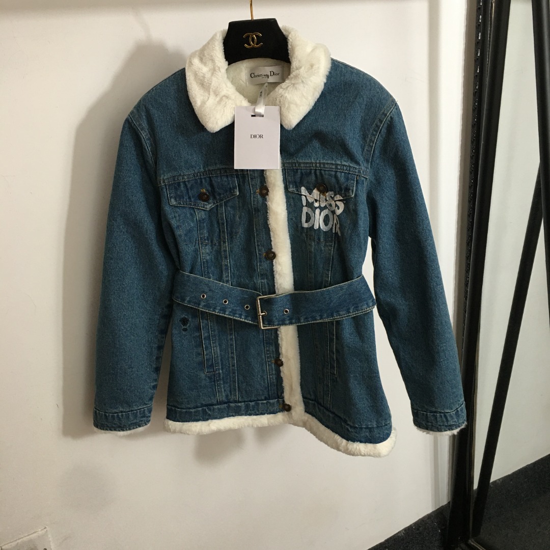 Di new MISS letter print plus velvet lining denim jacket