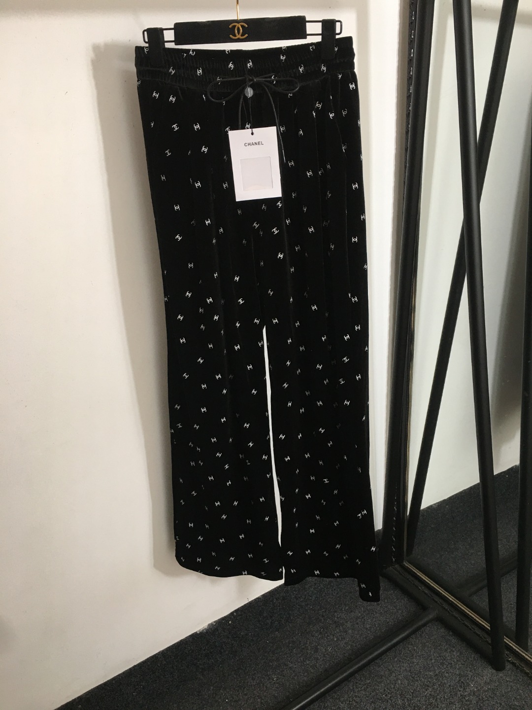 C design new Chanel logo print elastic waist velvet wide leg trousers
