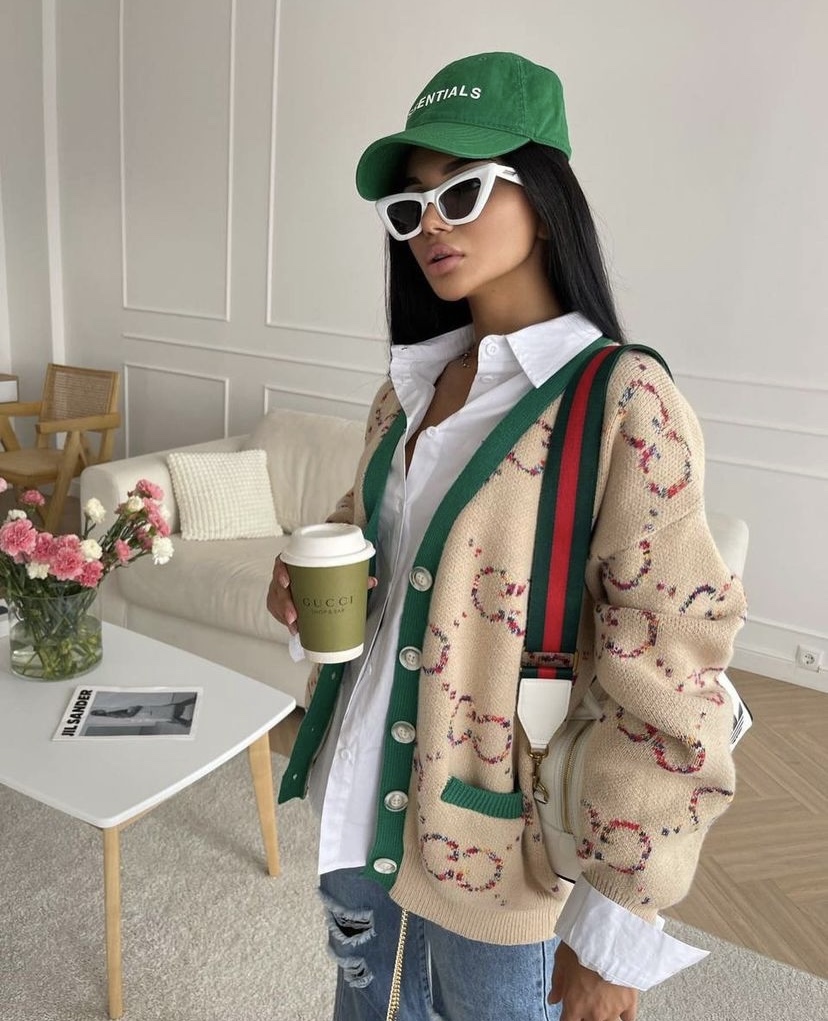 G new back tiger embroidery patch colorful G letter knitted cardigan