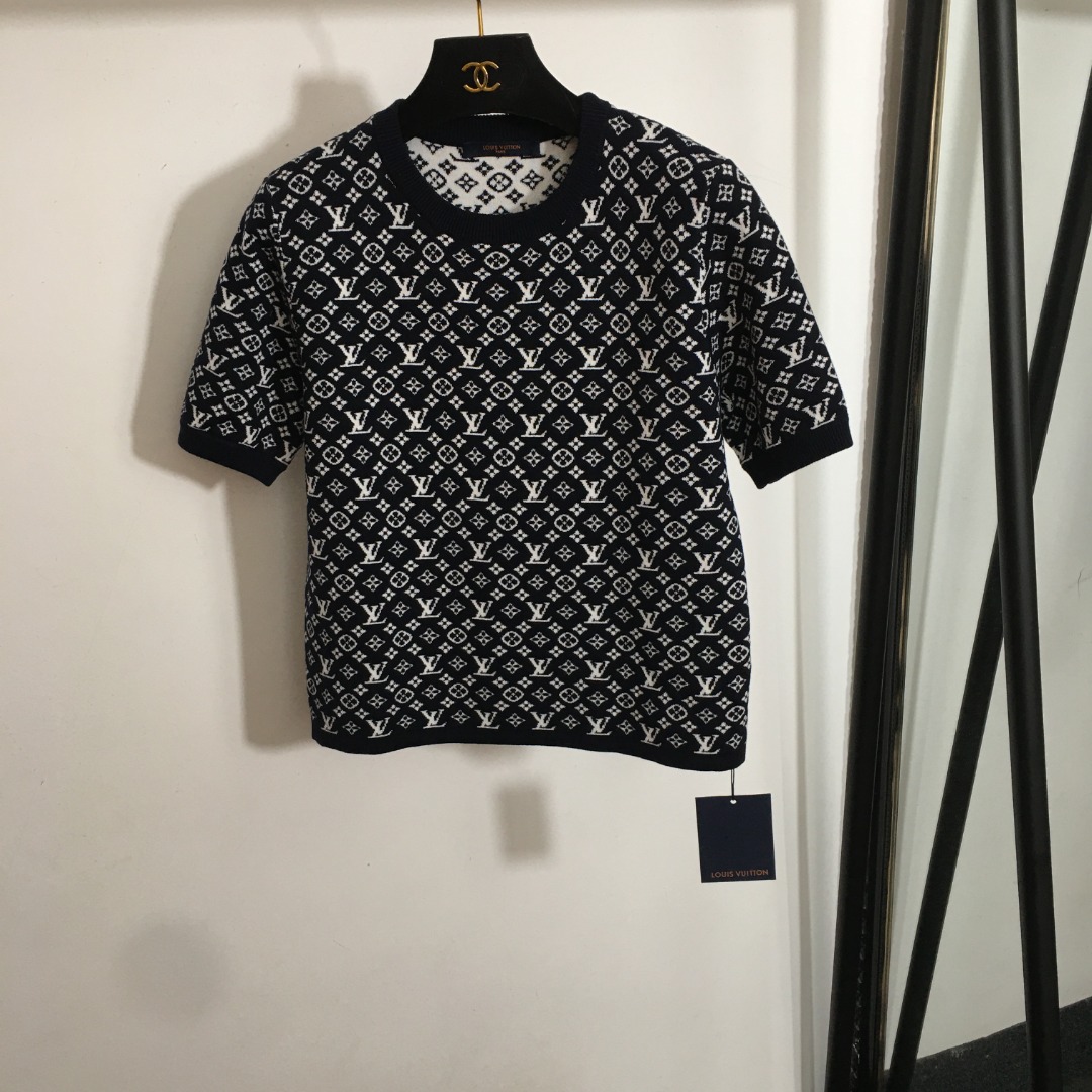 L new monogram logo jacquard short-sleeved wool sweater