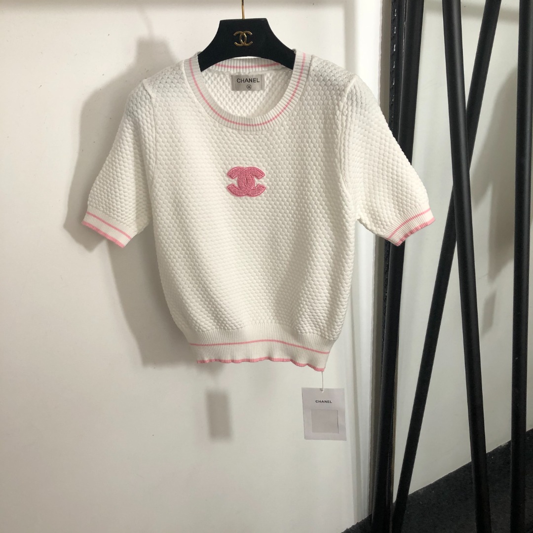 C new Chanel logo embroidered pullover short-sleeved sweater