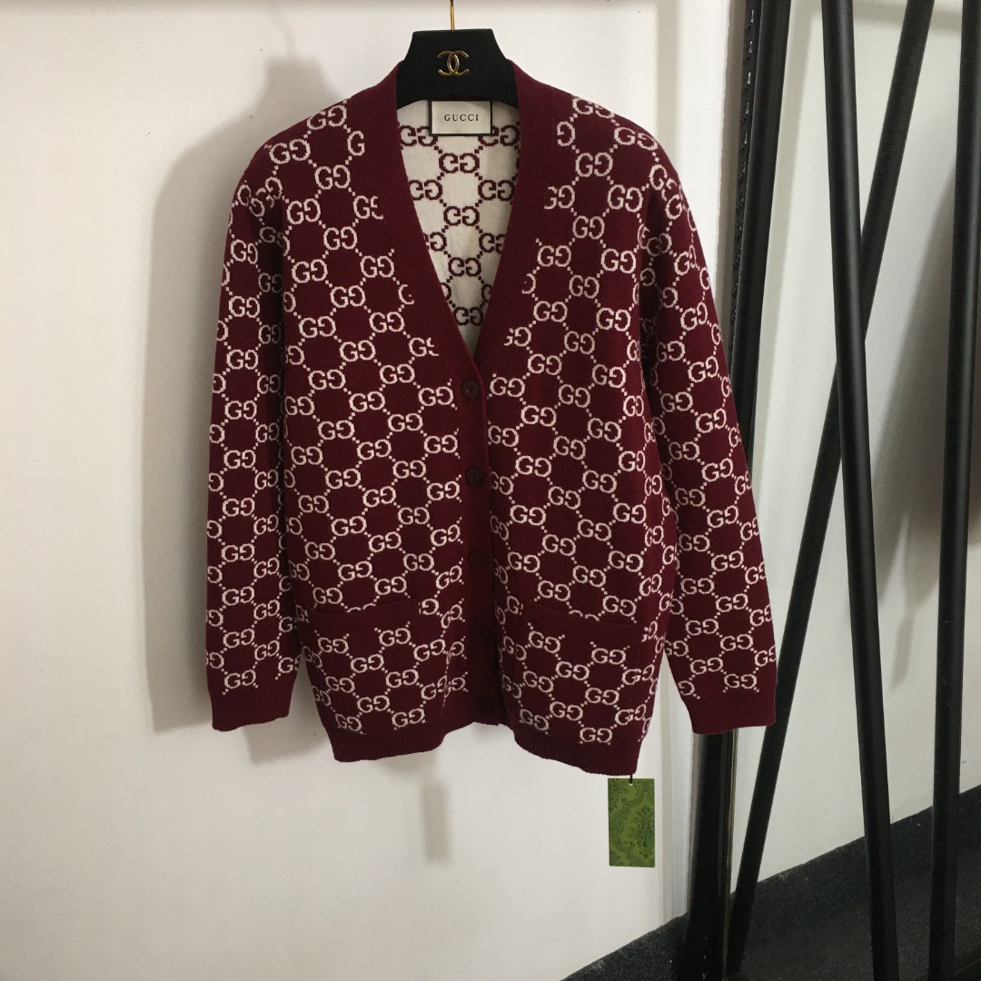 G new high quality 100% wool monogram GG monogram V-neck long sleeve knitted cardigan