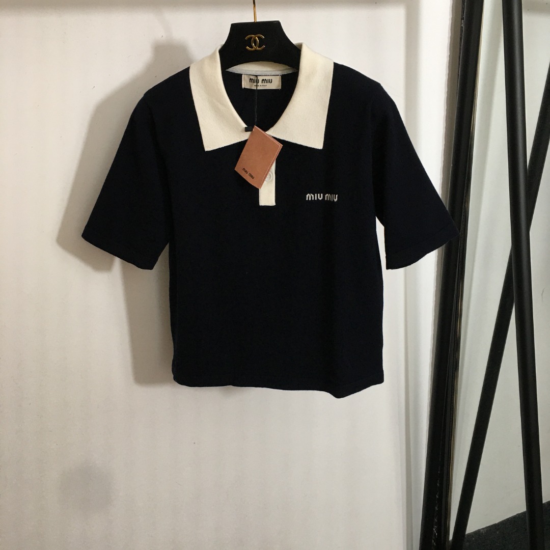 M new simple logo letter Polo collar short sleeve wool sweater