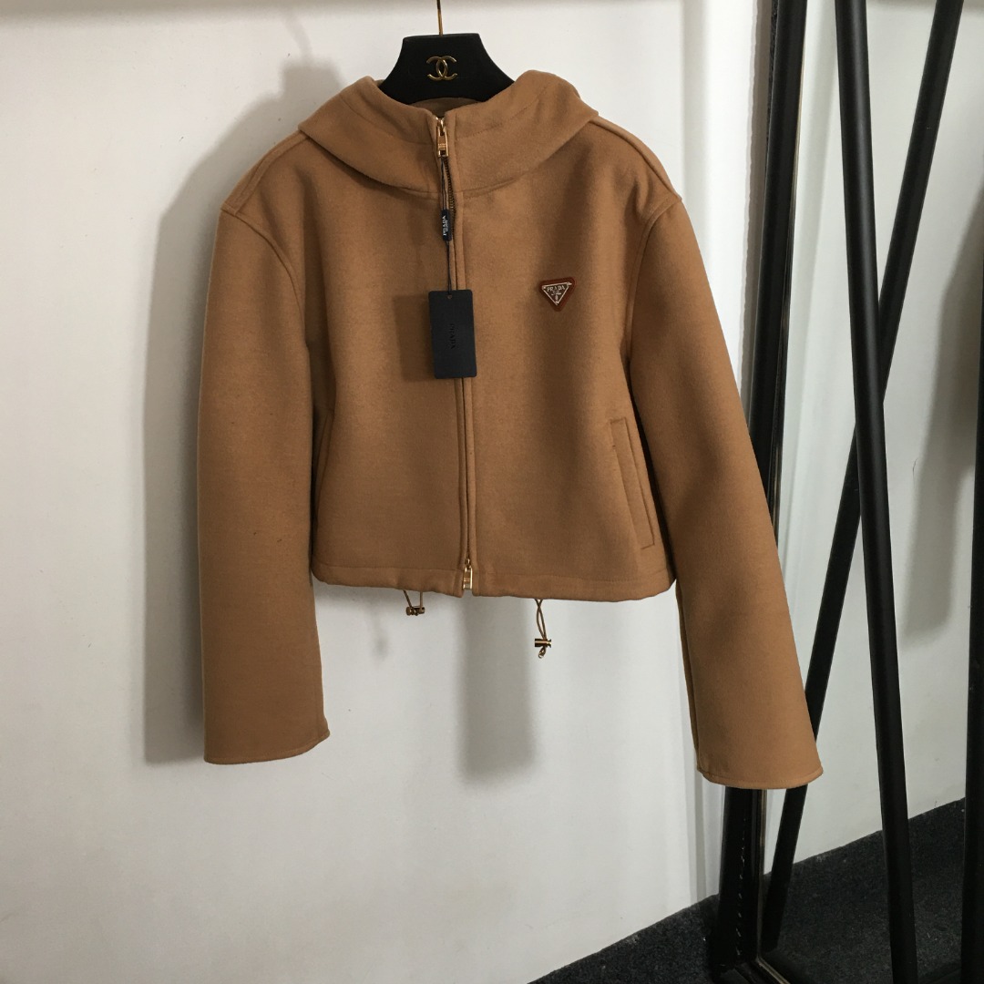 P new logo triangle short long-sleeved hooded woolen coat