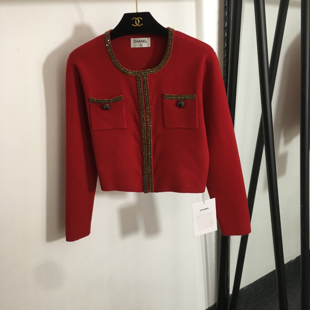 C new beaded round neck knitted cardigan
