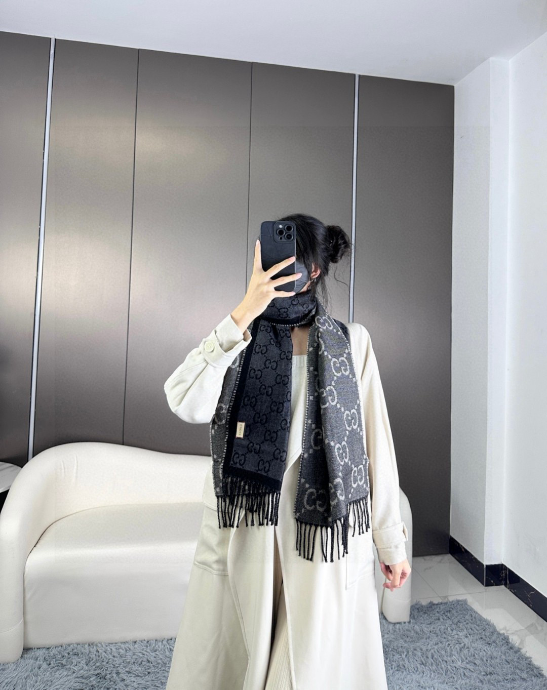 G double-sided GG jacquard tassel long scarf