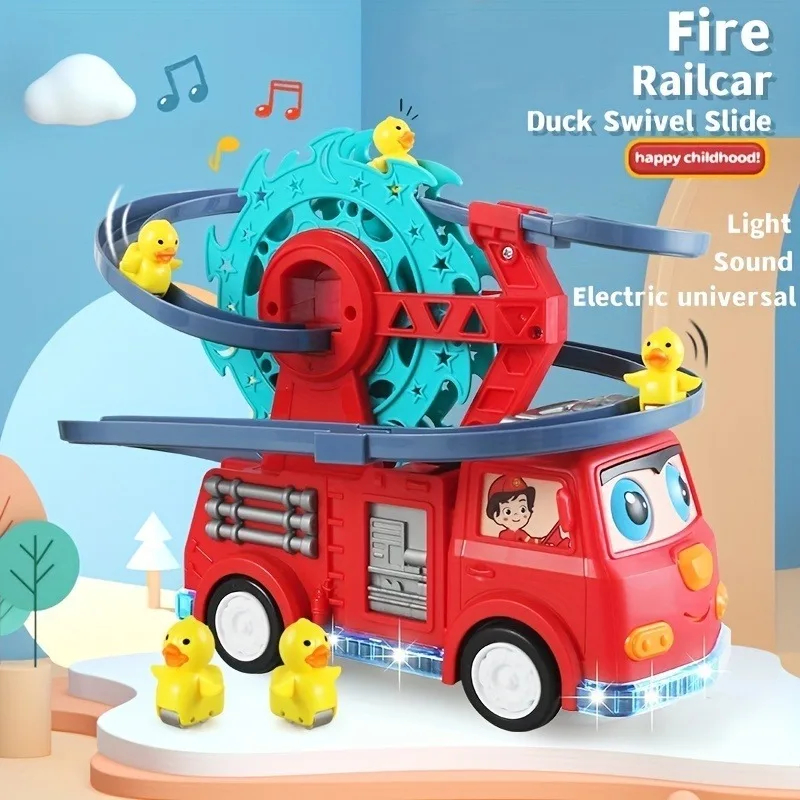 Children's Electric Universal Track Fire Truck, Duck Slide Track Ferris Wheel Fire Truck With Lights And Music