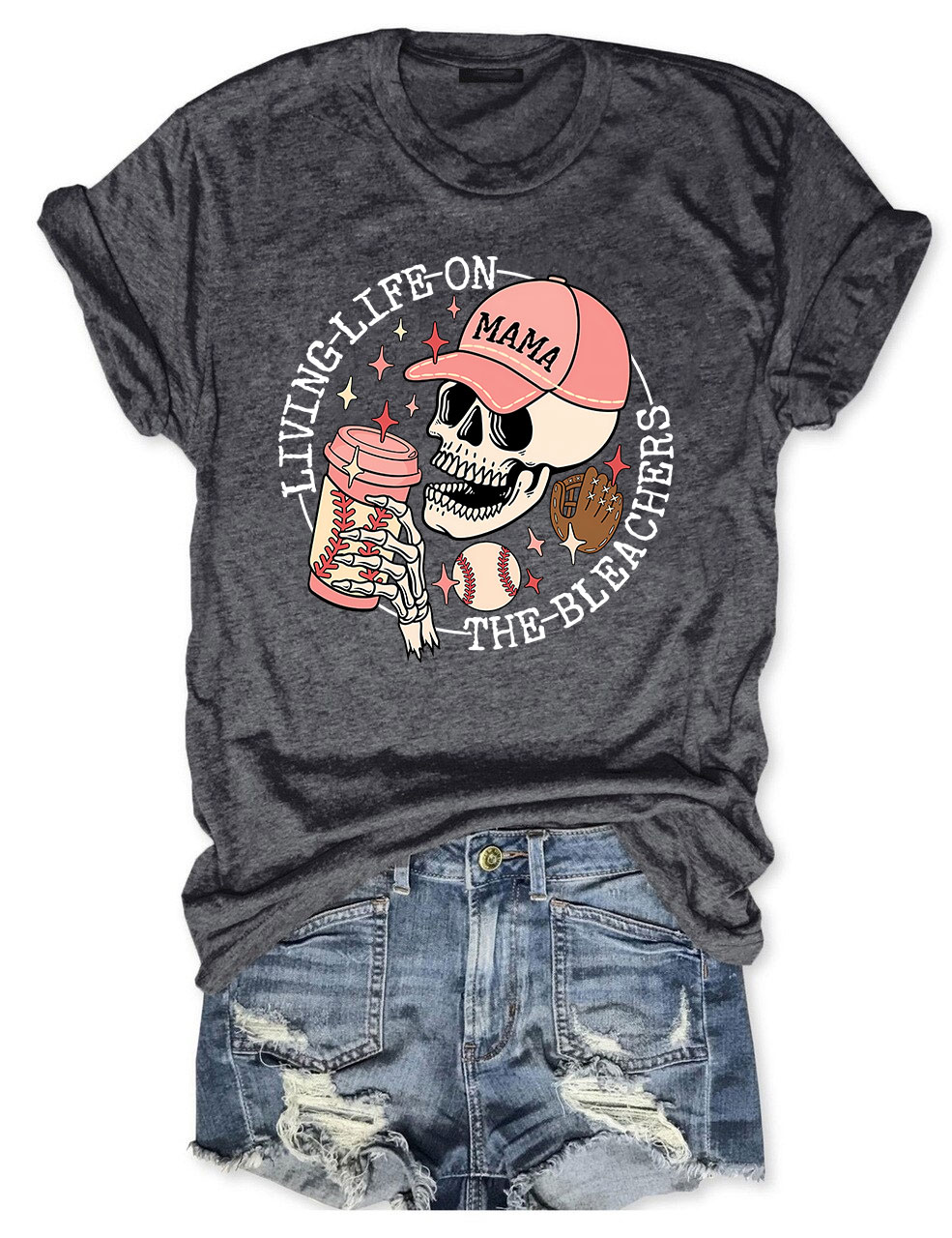 Living Life on the Bleachers Mama Skull Baseball Mom T-shirt