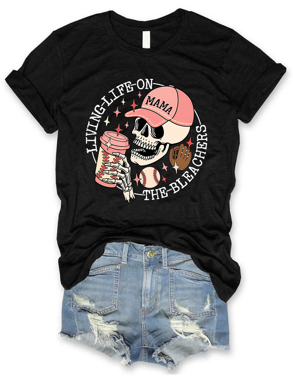 Living Life on the Bleachers Mama Skull Baseball Mom T-shirt