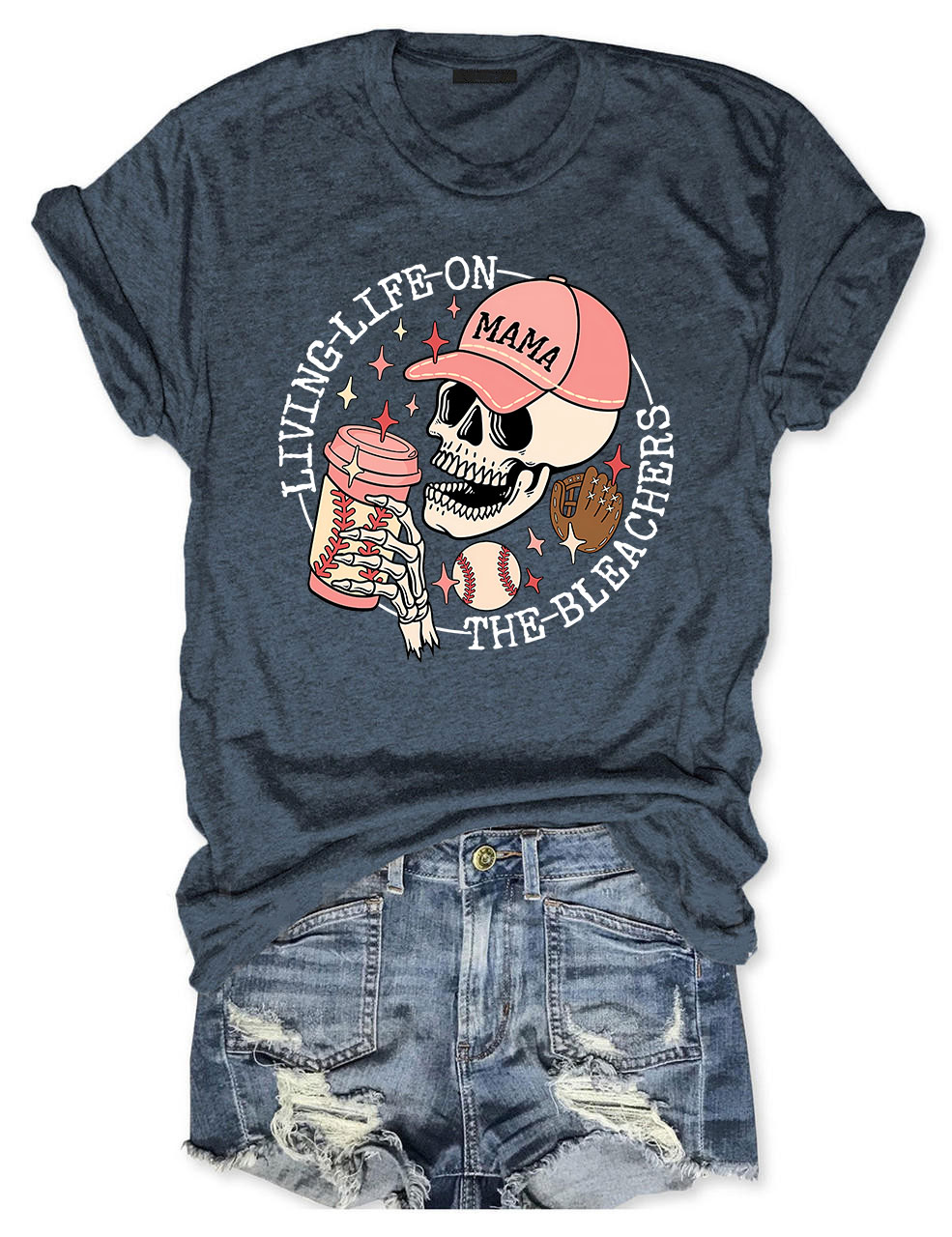 Living Life on the Bleachers Mama Skull Baseball Mom T-shirt