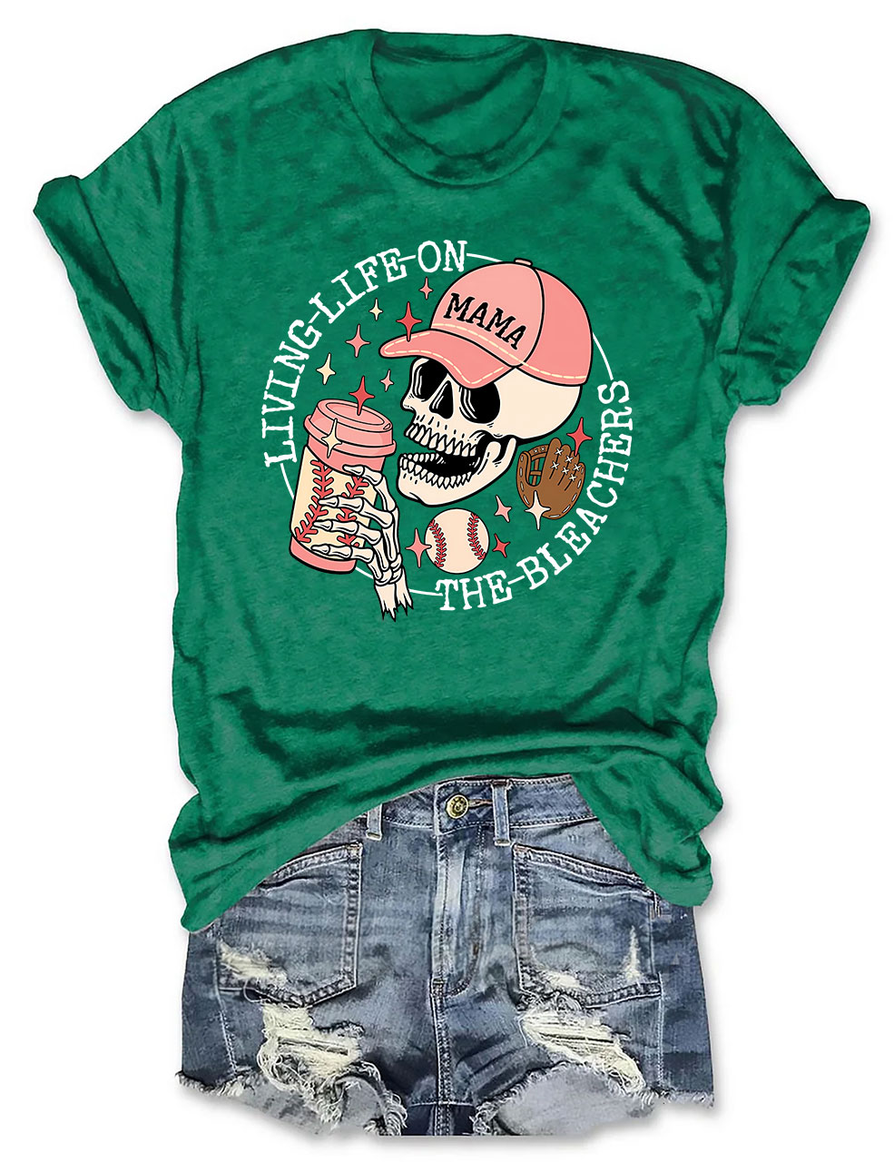 Living Life on the Bleachers Mama Skull Baseball Mom T-shirt
